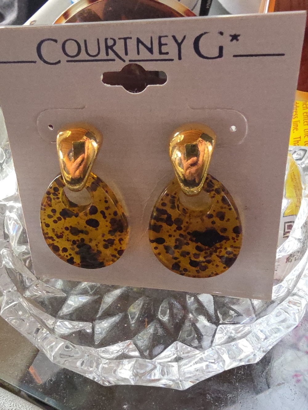 Courtney G Gold-Tone Tortoiseshell Drop Earrings Vintage 80s 90s New On Card